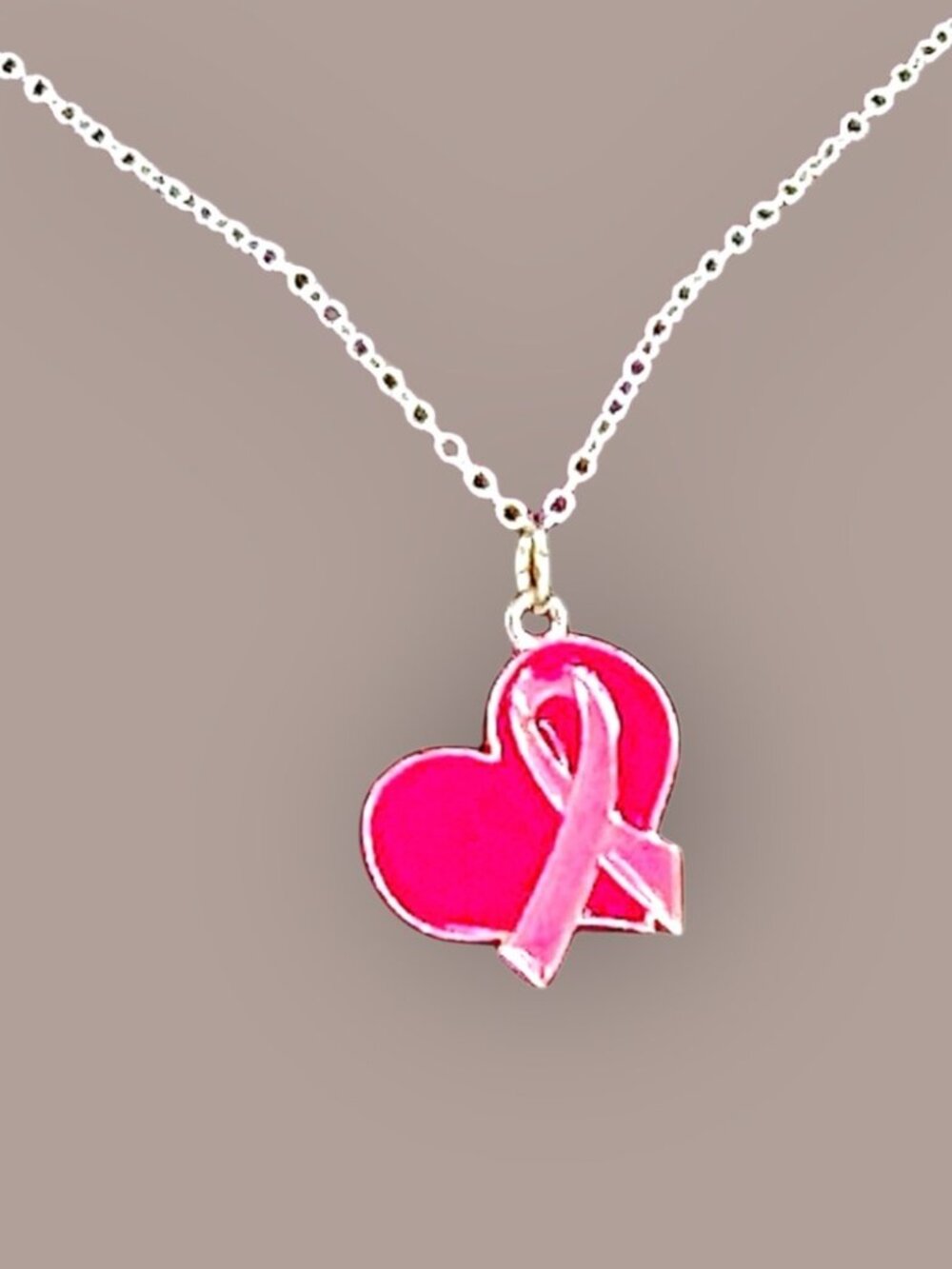Breast Cancer Pink Hope Heart With Silver Tone Chain Necklace with Lobster Clasp